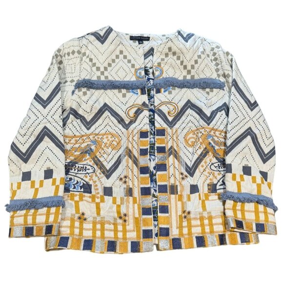 Indigo Moon Twill & Patterned Woven Trimmed & Embroidered Collarless Jacket |O1 - Picture 3 of 7